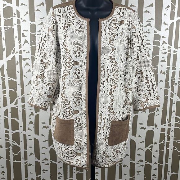Chico’s NEW Lace Faux Suede 3/4 Sleeve Duster Jacket sz 0 - Picture 1 of 9